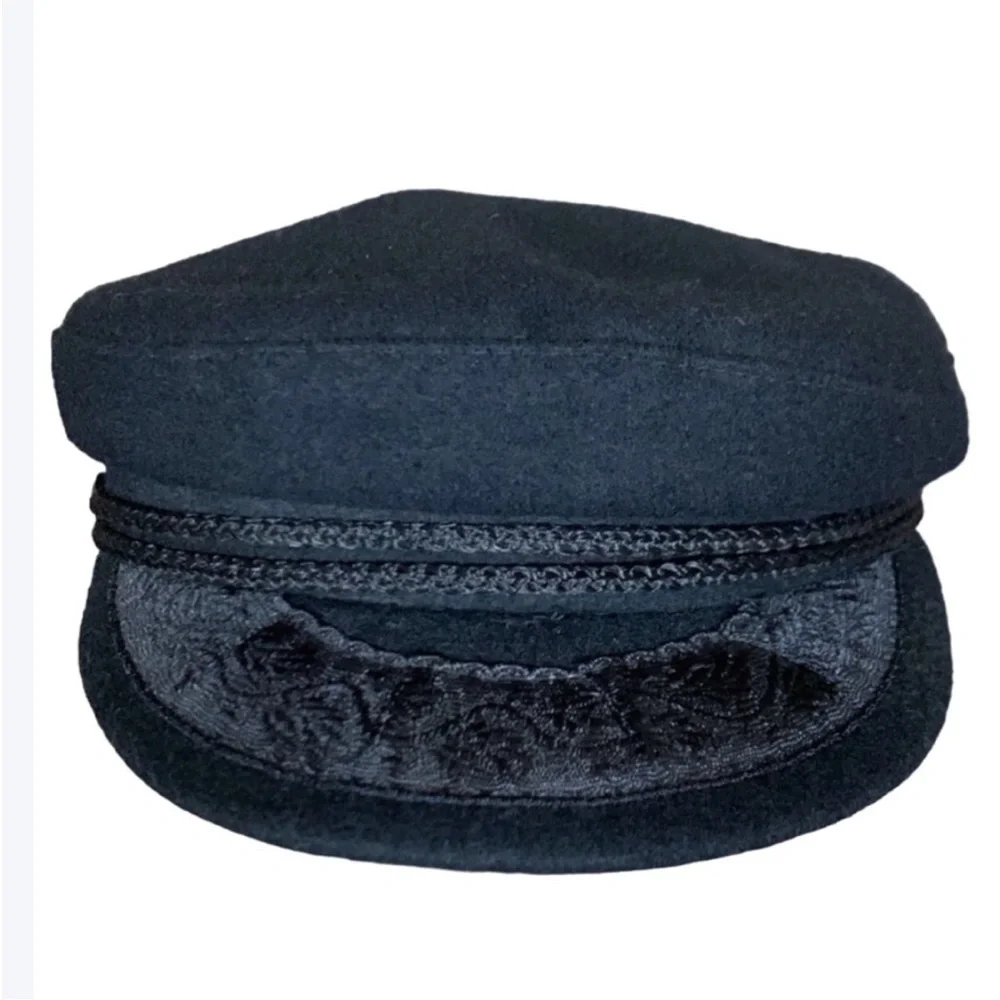 Vintage Greek Fisherman Newsboy Sailor Cap Hat Wool Embroidered Black Size L - Picture 7 of 16